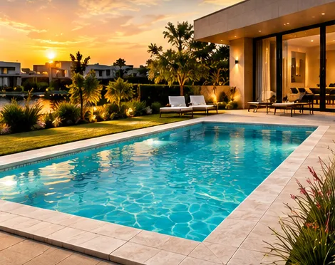Piscina de hormigón con solárium y parque