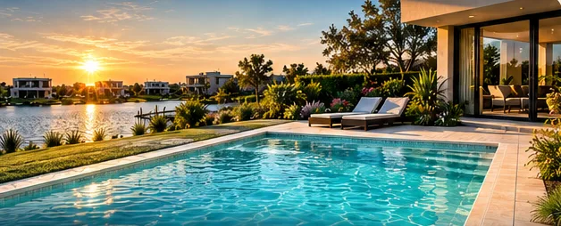 Piscina de hormigón con solárium al atardecer